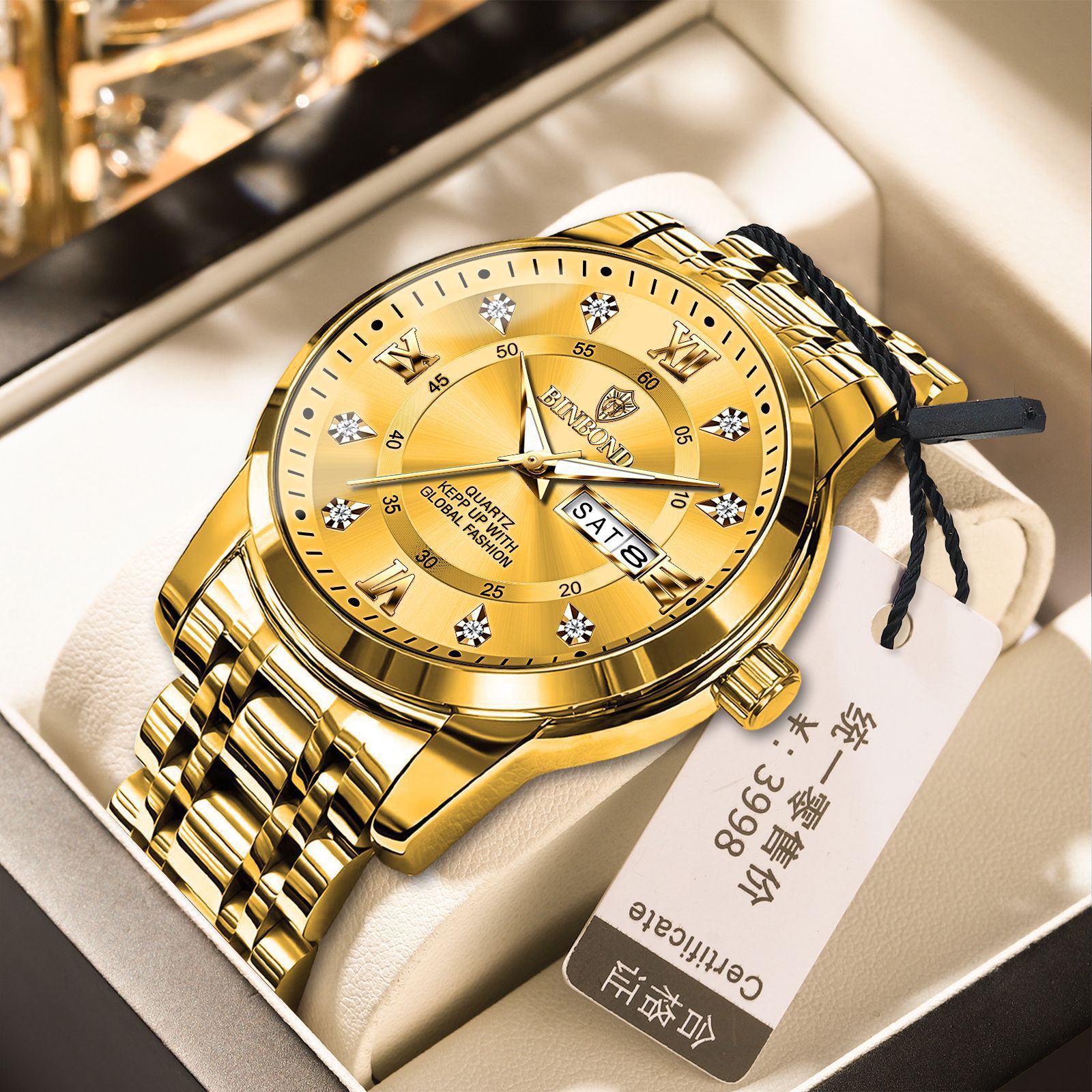 Binbang Business Light-Luxury Quartz Watch For Men Full Gold Men's Style