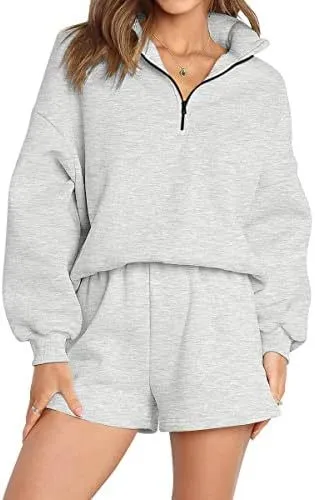 Women's Casual Three quarter Pants Solid Color Sweatshirt Two piece Set Gray - Shop at LoveMi