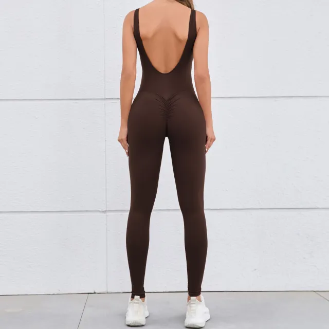European And American Hollow Beauty Back Peach Hip Tight Yoga Jumpsuit Brown - Shop at LoveMi