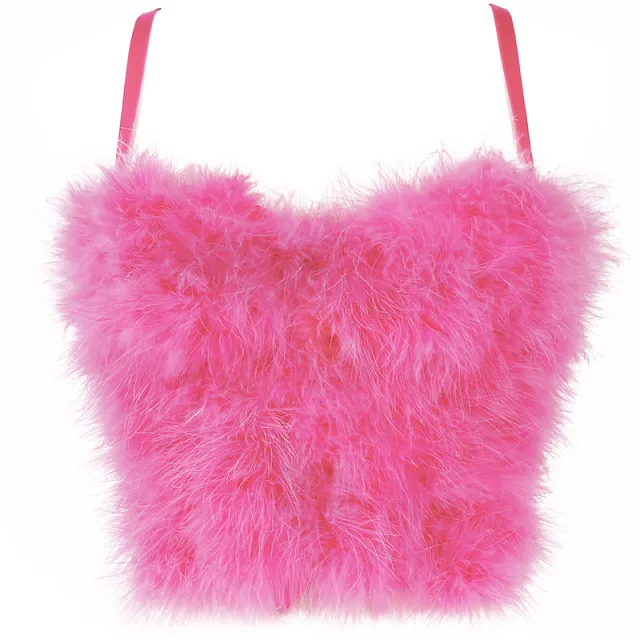 Autumn And Winter New Inner Wear Solid Color Stitching Furry Camisole Women's Feather Tube Top Christmas Performance Vest Top Rose Red - Shop at LoveMi