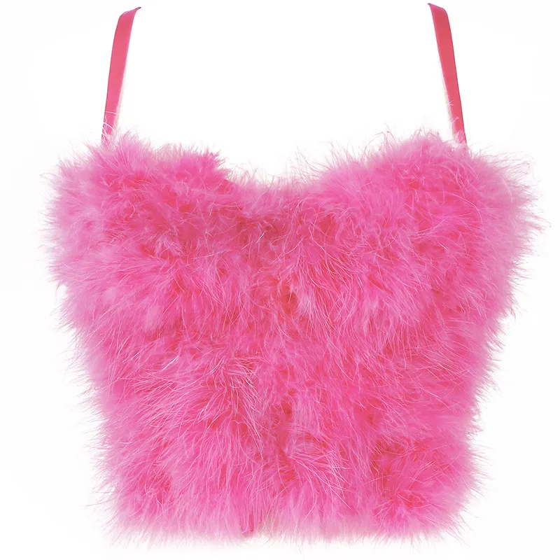 Autumn And Winter New Inner Wear Solid Color Stitching Furry Camisole Women's Feather Tube Top Christmas Performance Vest Top - Rose Red