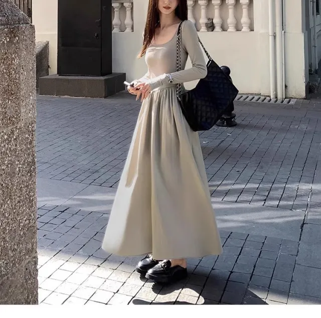 Square Collar Knitted Dress Women's Waist A Line Long Skirt Gray - Shop at LoveMi