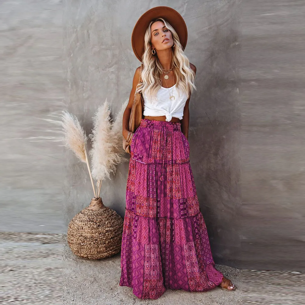 Bohemian Style Loose Casual High Waist Long Skirt - Purple