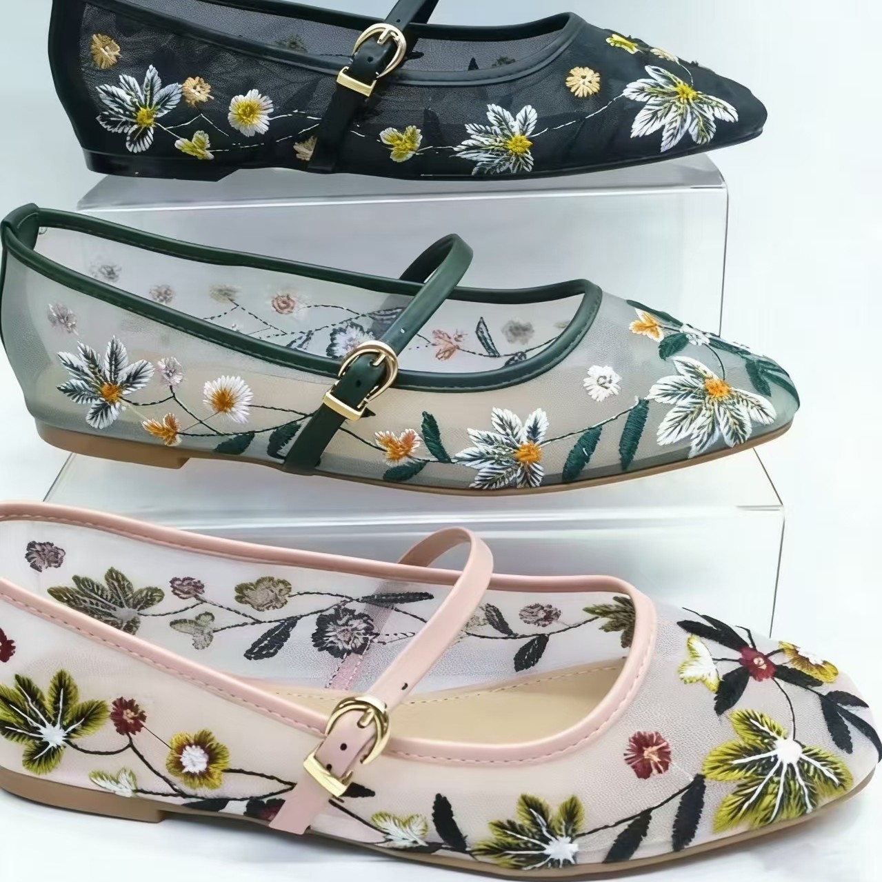 Round-toe Floral-embroidered Mesh Flats