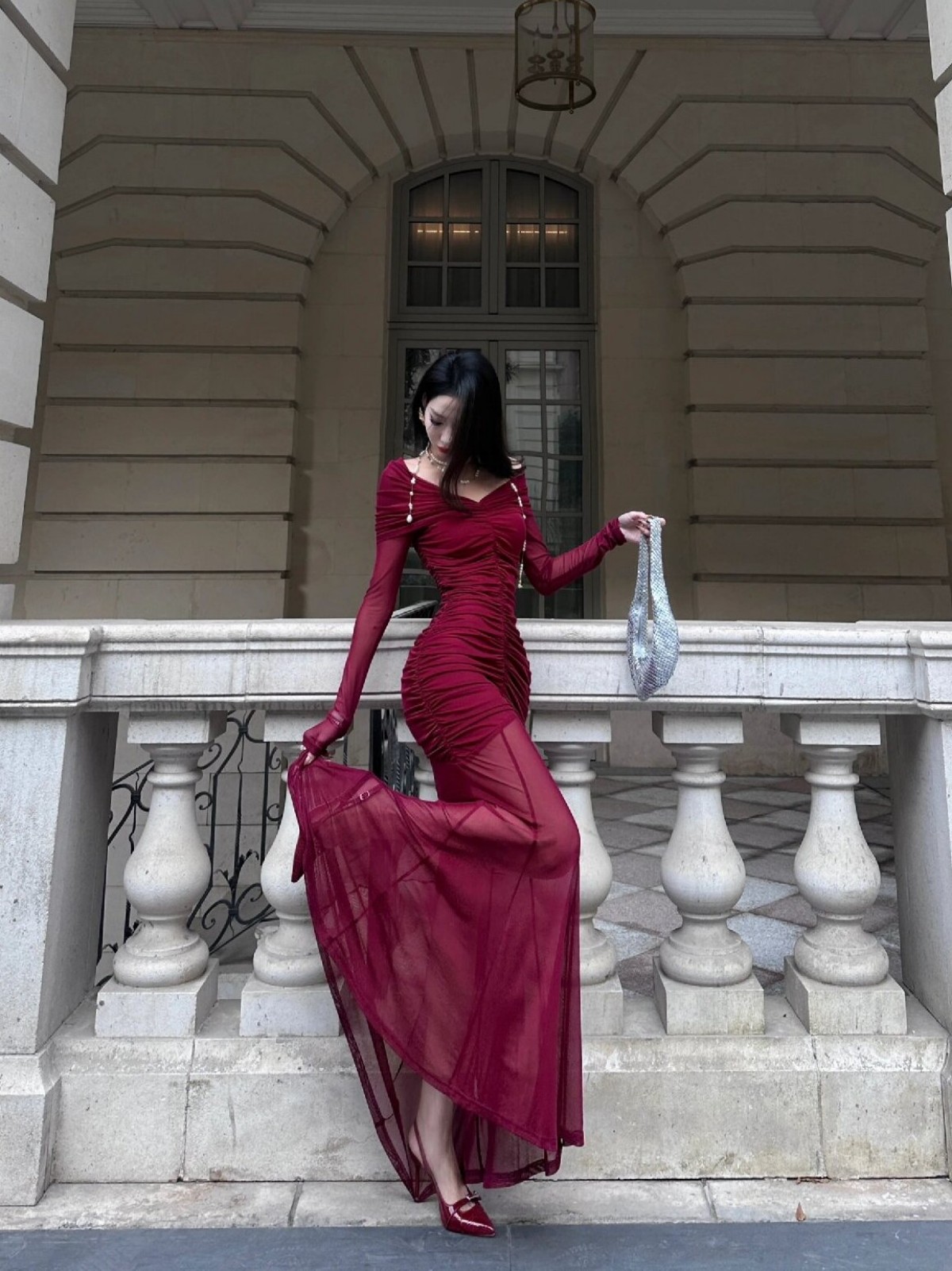 Wine Red Off-shoulder V-neck Dress Party Dress