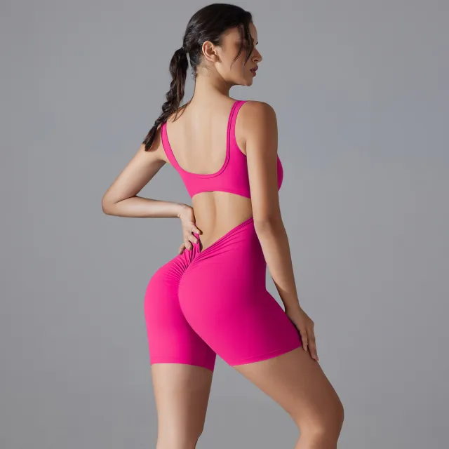 Peach Hip V Waist Tight Shorts Jumpsuit Pitaya Color S - Shop at LoveMi