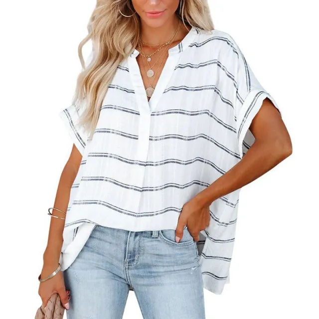 Women's Short Sleeve Thin V neck Pullover Loose Shirt Stripes L - Shop at LoveMi