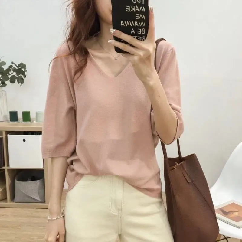 Loose Mori Girl Idle Style Drape Super Fairy Ice Silk Sweater - Pink