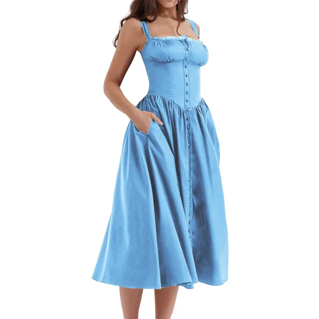 New Spring And Summer European And American Style Spaghetti Straps Chest Wrap Small Floral Solid Color Dress Blue - Shop at LoveMi