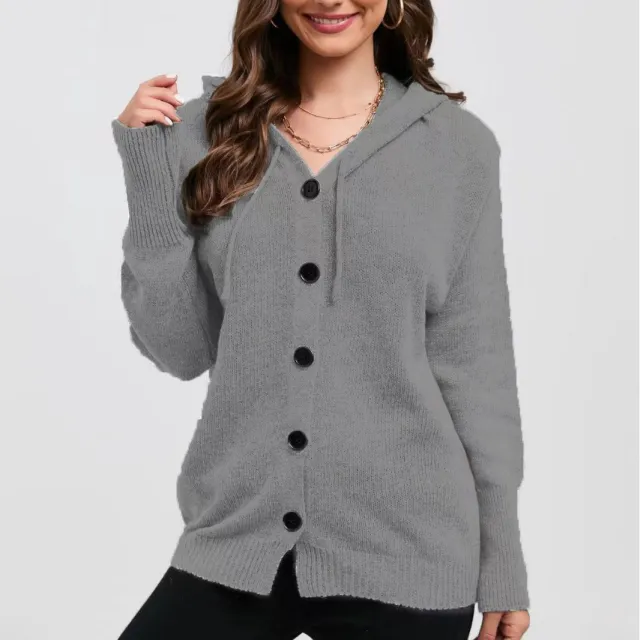 Women's Solid Color Hooded Single breasted Sweater Gray - Shop at LoveMi