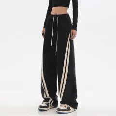 Patchwork Jeans American High Street Loose Wide Leg Hip Hop Sports Casual Pants - Black - View 1