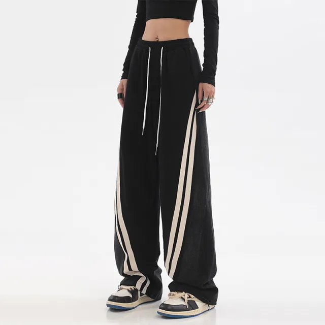 Patchwork Jeans American High Street Loose Wide Leg Hip Hop Sports Casual Pants Black - Shop at LoveMi