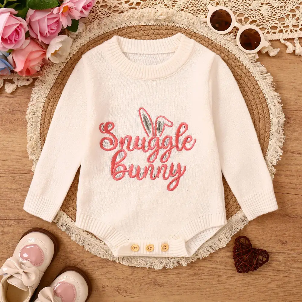 Children's Romper Easter Rabbit Ear Letter Embroidery Round Neck