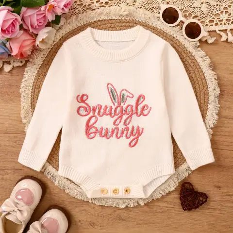 Children's Romper Easter Rabbit Ear Letter Embroidery Round Neck