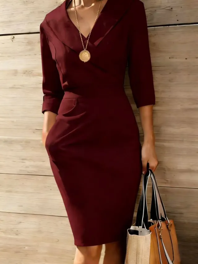 New SpringSummer V neck Solid Color Waist Cinching Elegant Dress Red - Shop at LoveMi