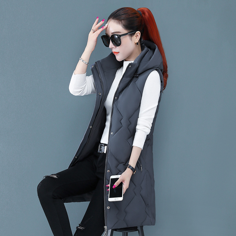 Autumn And Winter New Down Cotton Vest Women's Mid length Slim fit Cotton padded Jacket Vest Coat Grey - Shop at LoveMi