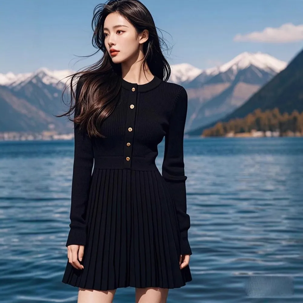 French Black Waist-cinching Knit Women's Dress - Black