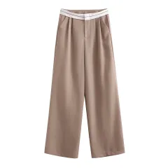 Multi-colour High Waist Straight Solid Colour Contrast Colour Casual Trousers - Grey Apricot - View 1