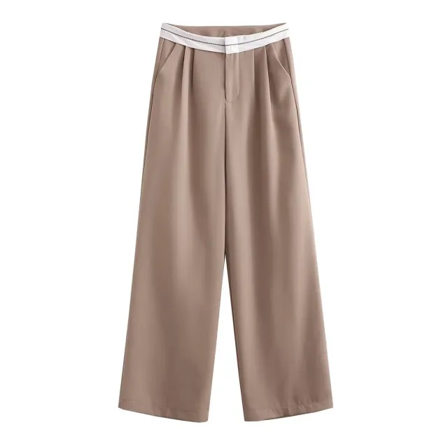 Multi color High Waist Straight Solid Color Contrast Color Casual Trousers Gray Apricot - Shop at LoveMi