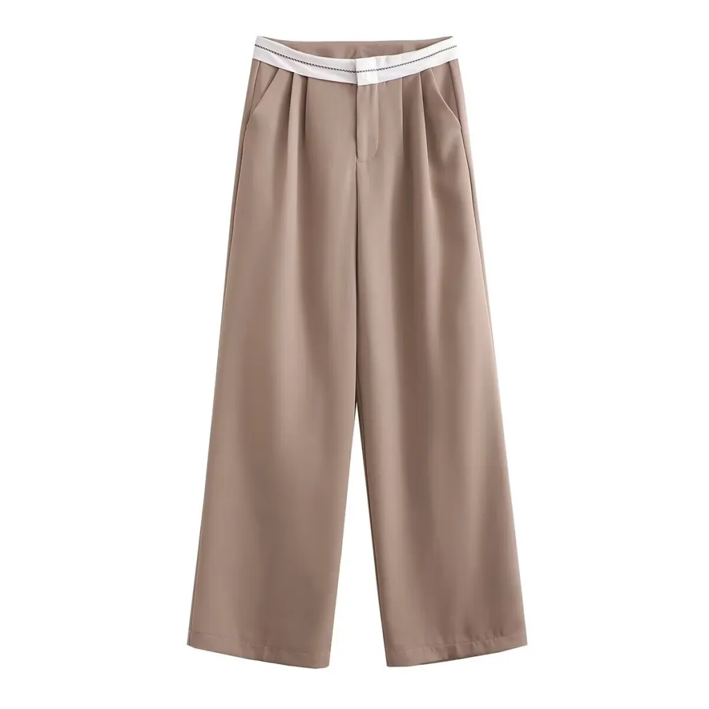 Multi-color High Waist Straight Solid Color Contrast Color Casual Trousers - Gray Apricot