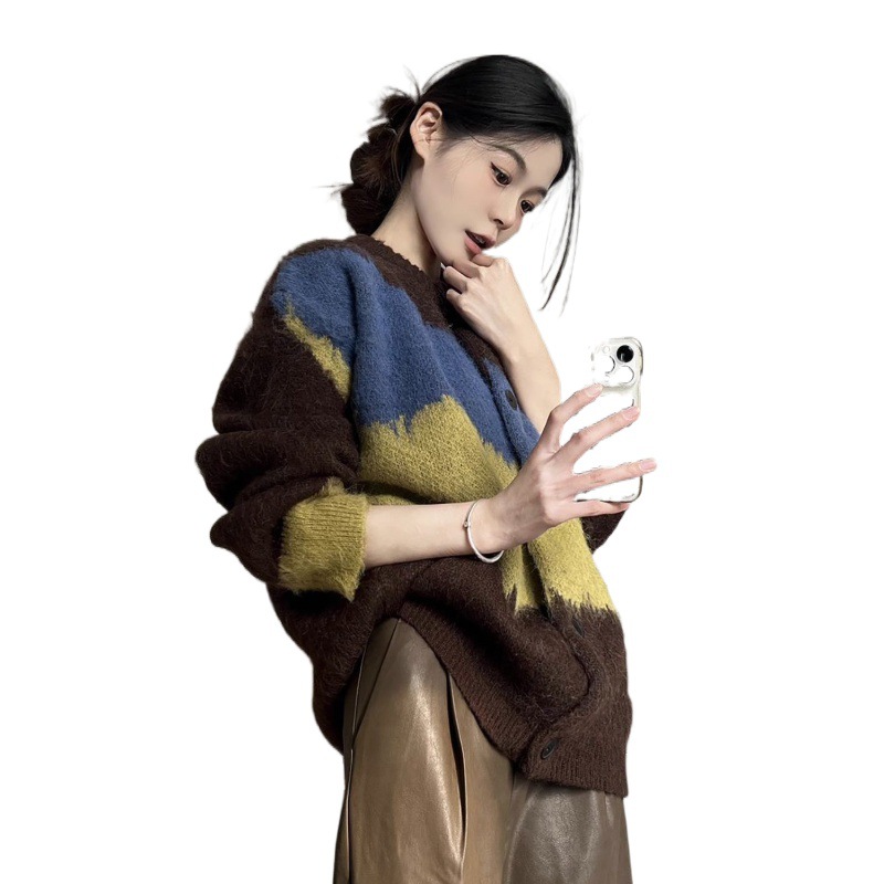 Sweater Spring And Autumn Retro Loose All-matching Round Neck Multicolor Top