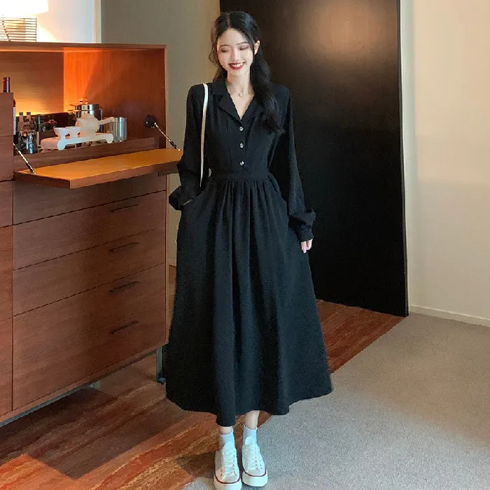 French Style Long Sleeve Black Dress Women - Black