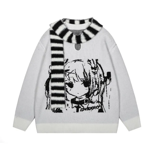 Anime Girl With Scarf Round Neck Sweater Men And Women Autumn And Winter Loose White - Shop at LoveMi