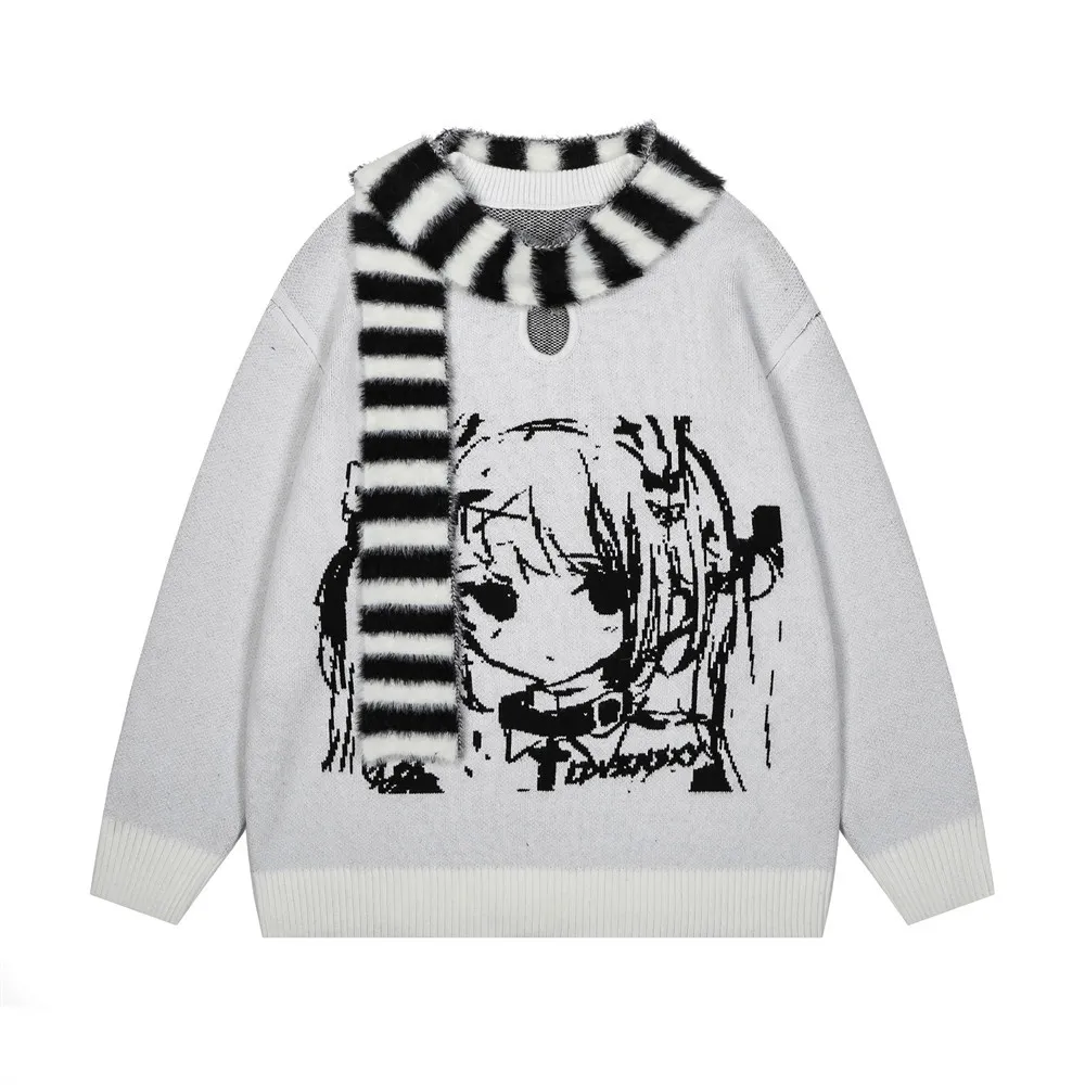 Anime Girl With Scarf Round Neck Sweater Men And Women Autumn And Winter Loose - White