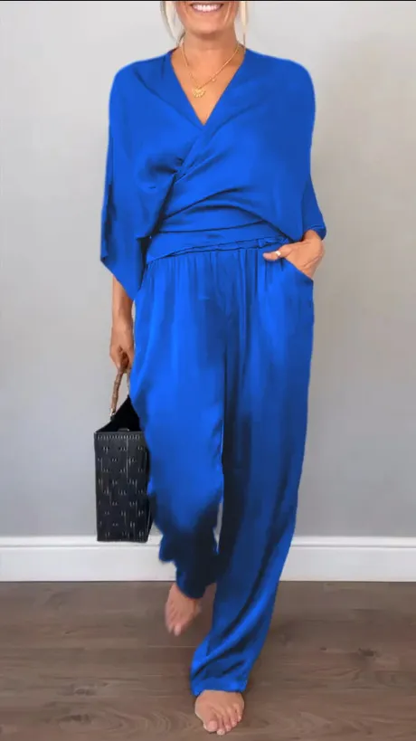Solid Color Satin Short sleeved Top Pants Suit Women Blue - Shop at LoveMi