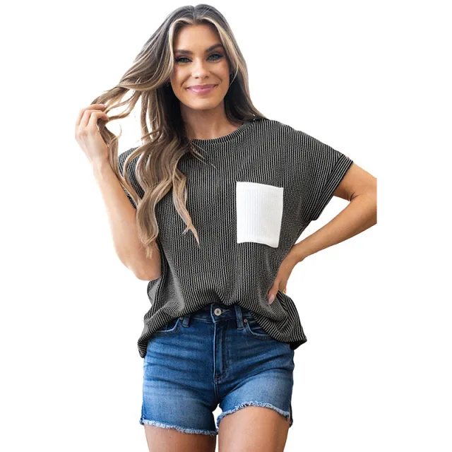 Casual Simple All match Loose Pullover Women's New Color Matching Patch Pocket Round Neck Short Sleeve T shirt P4011 - Shop at LoveMi