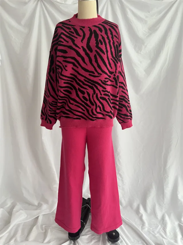 Commuter Knitted Two piece Zebra Pattern Contrast Color Rose Red Suit - Shop at LoveMi
