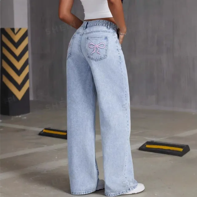Vintage Bow Embroidered Washed Jeans For Women Straight Loose Trousers Blue - Shop at LoveMi