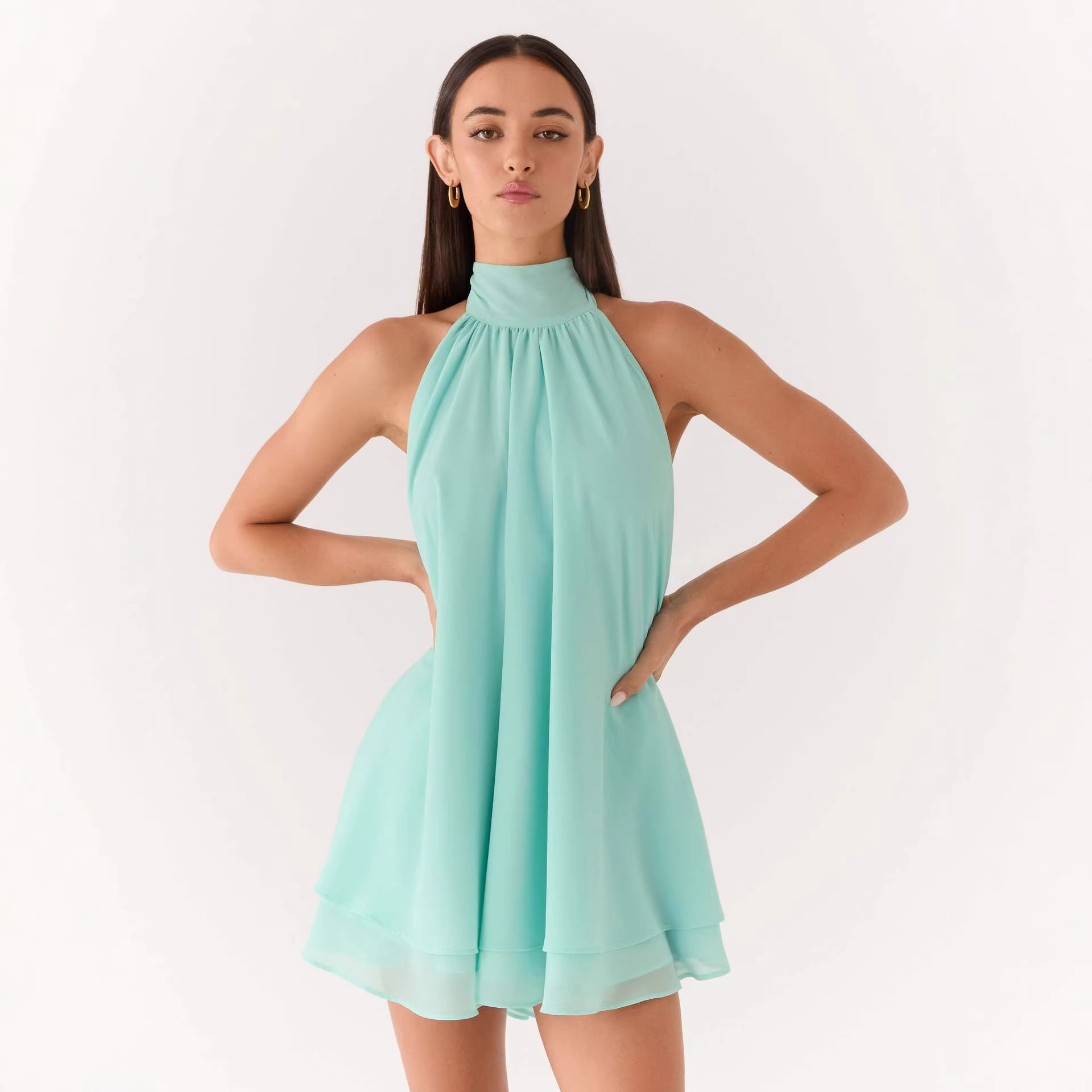 Halter-neck Sleeveless Dress High-neck Double-layered