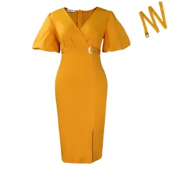Waist-tight Split Hip-wrapped African Dress - Yellow - View 1