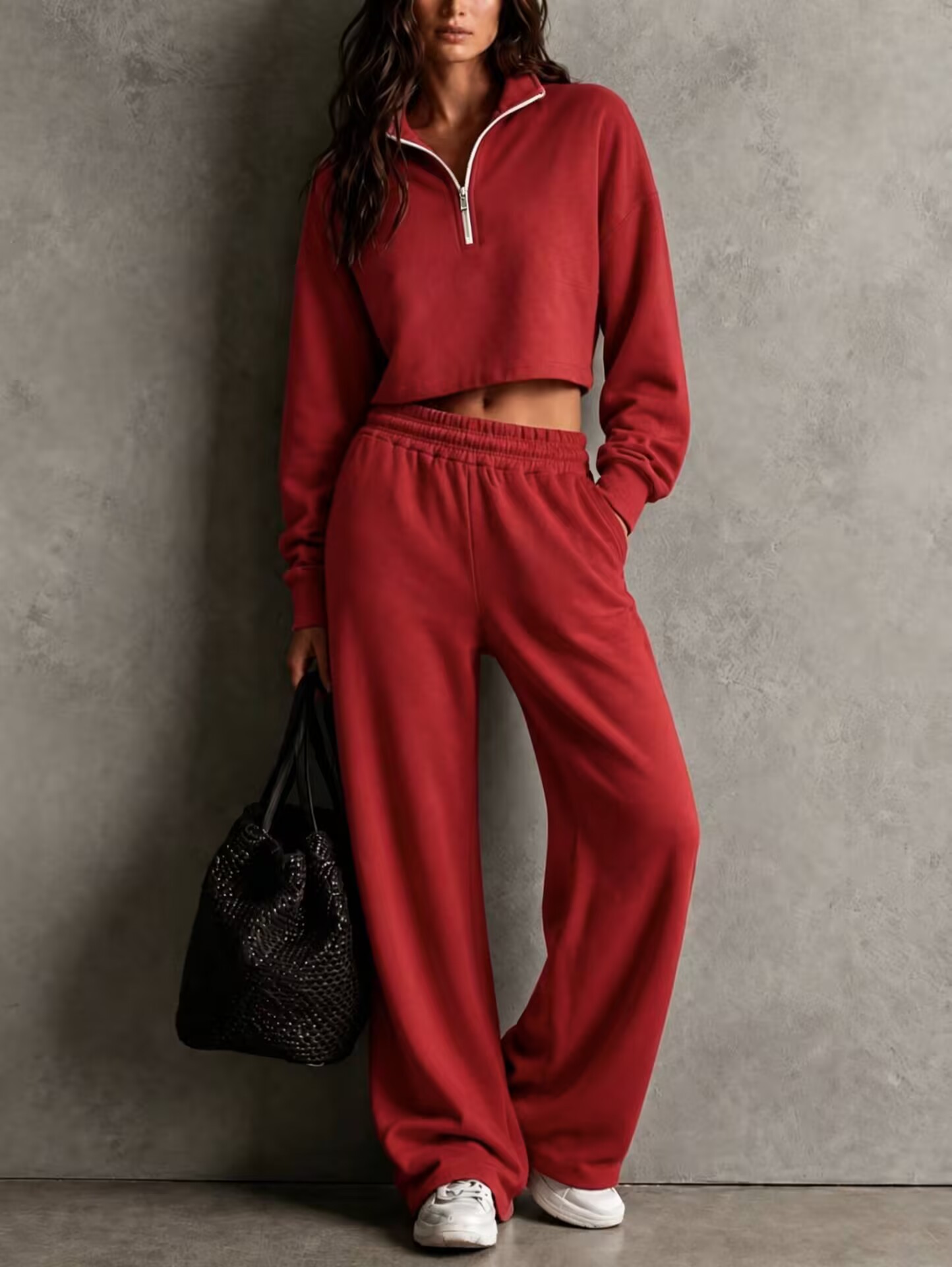 Womens Loose-fitting Half-zip Top And Wide-leg Pants Set 5