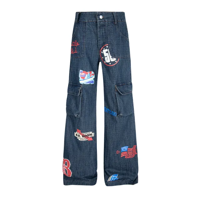 Pattern Dark Flower Funny Multi pocket Loose And Idle Sense Jeans For Men And Women Retro Blue - Shop at LoveMi