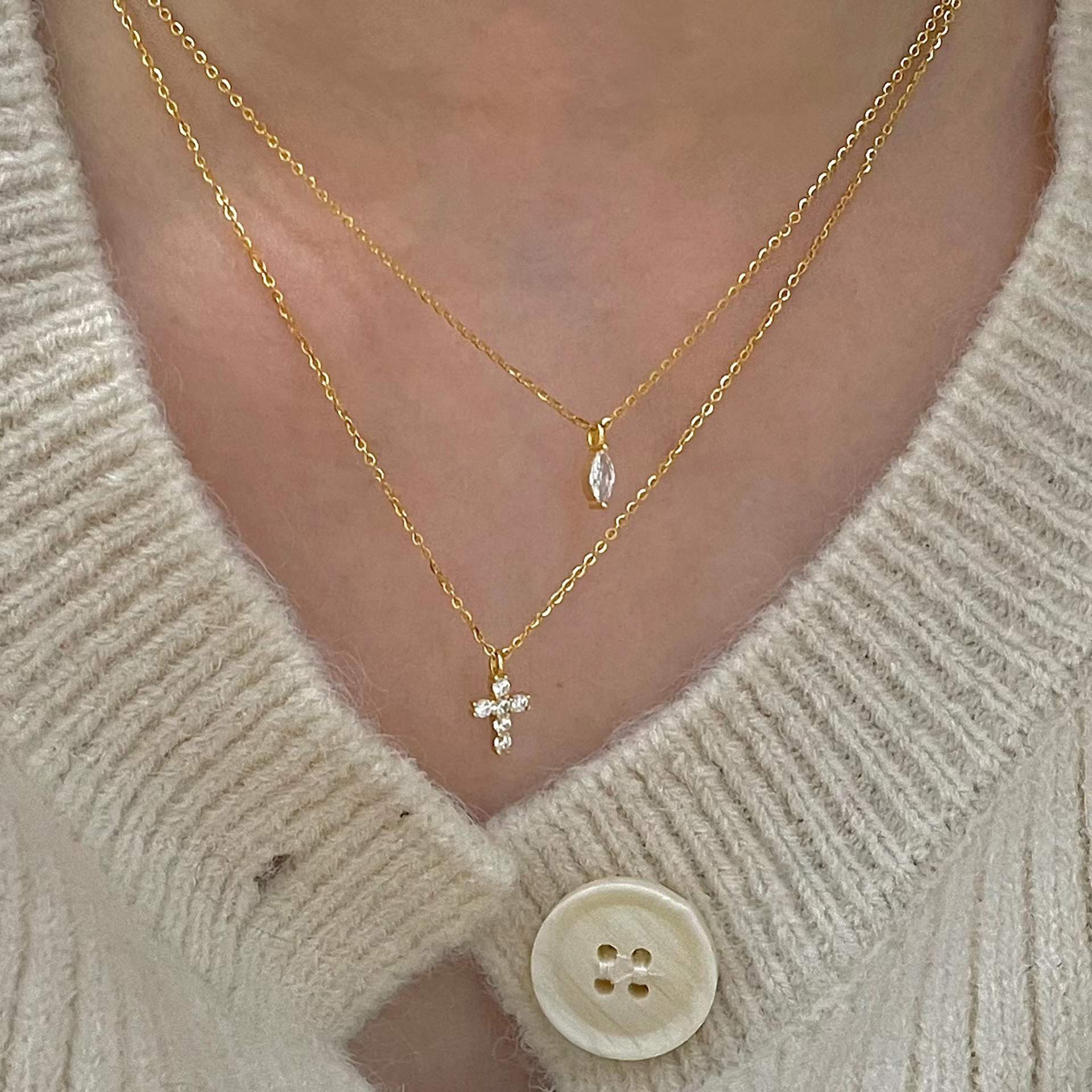 Double-layer Graceful And Fashionable Cross Water Drop Zircon Necklace For Women
