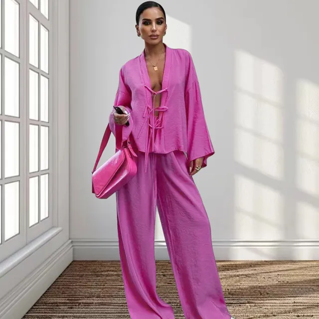 Lace up Top And Trousers Pajamas Women's Loose Homewear Rose Red - Shop at LoveMi