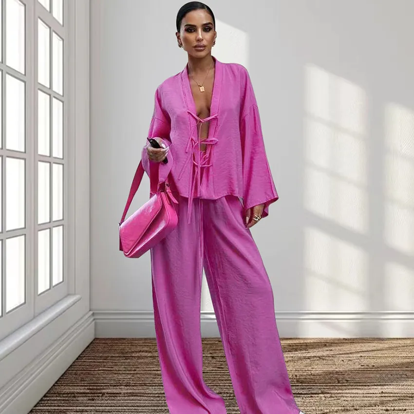 Lace-up Top And Trousers Pajamas Women's Loose Homewear - Rose Red