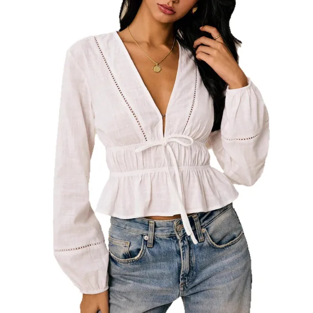 Women's Long sleeved Bohemian Style Deep V neck Ruffle Blouse White - Shop at LoveMi