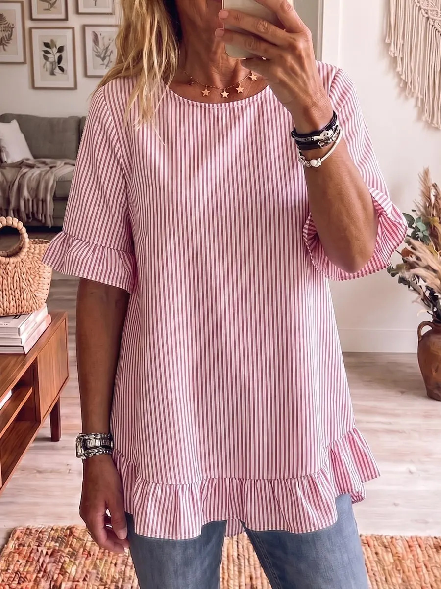 Women's striped ruffle-sleeve blouse in red – loose-fit three-quarter sleeve casual pullover