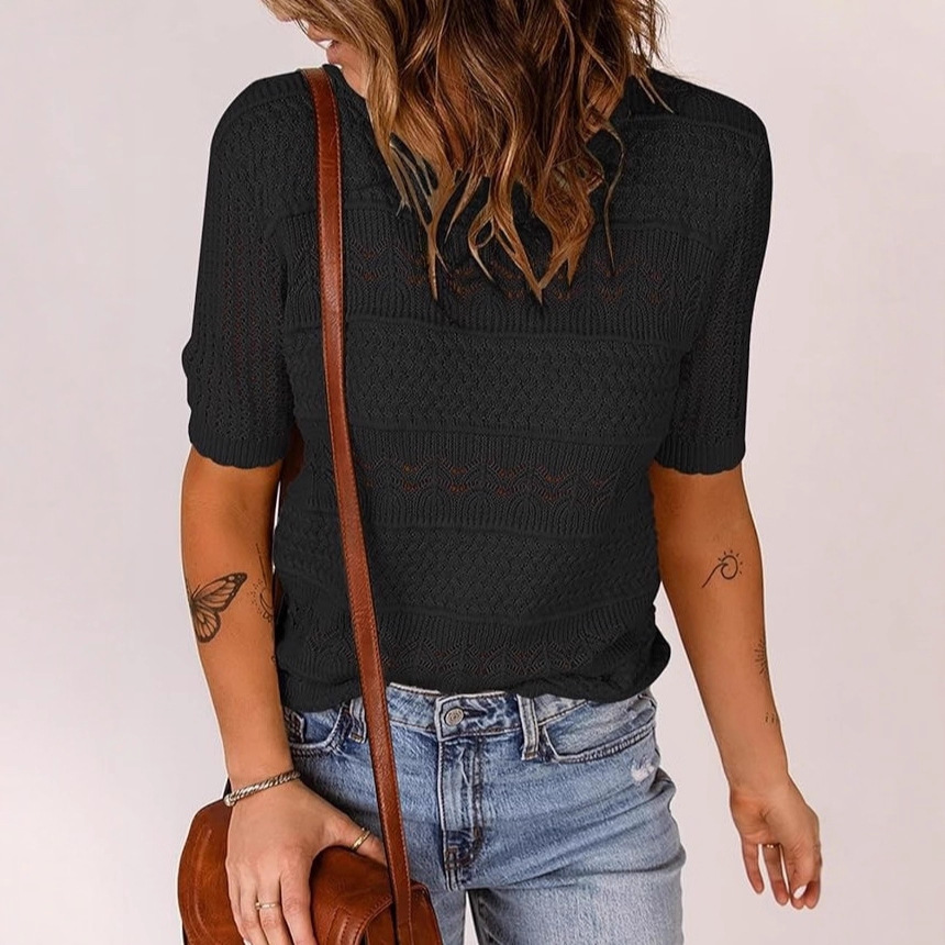 Womens Fashionable Casual Crew-neck Hollow-out Short-sleeve Top