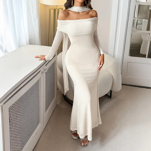 Female Solid Color Casual Elegant Strapless Mermaid Long Dress Apricot - Shop at LoveMi