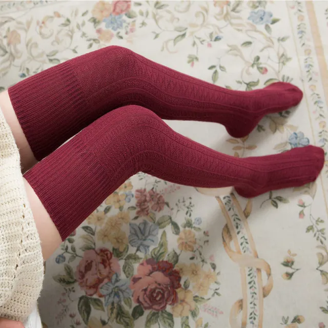 Women's Fashion Solid Color Warm Knee high Socks Wine Red - Shop at LoveMi