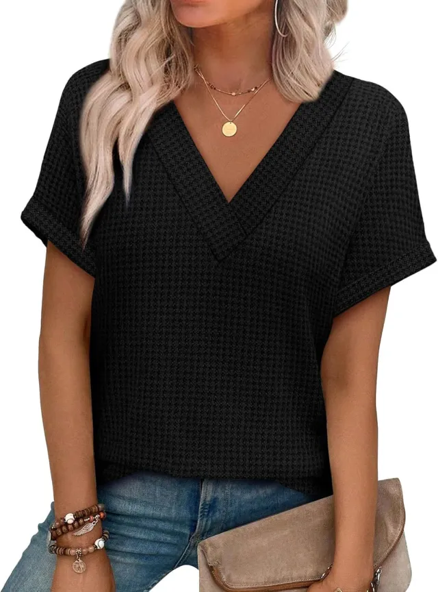 Casual Striped Textured Short Sleeve Arrival V Neck Knitted T Shirt Black - Shop at LoveMi