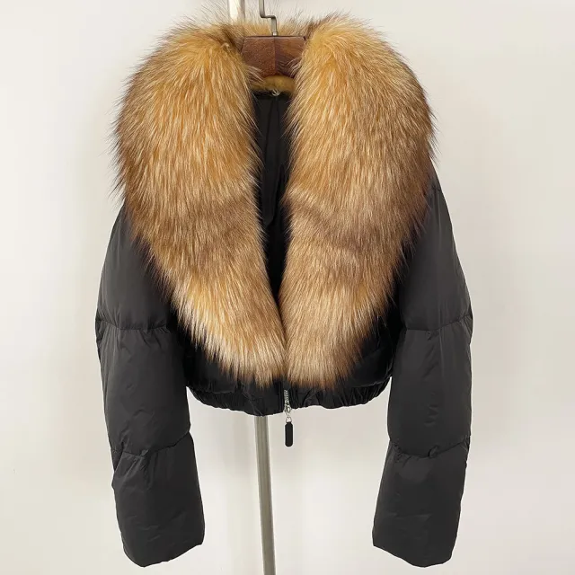 Fox Fur Collar Thick Short Down Jacket Coat Black Crystal - Shop at LoveMi