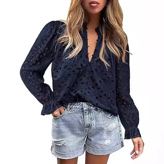 Women's Autumn Top Fashion Horn Long Sleeve Casual Dark Blue - Shop at LoveMi