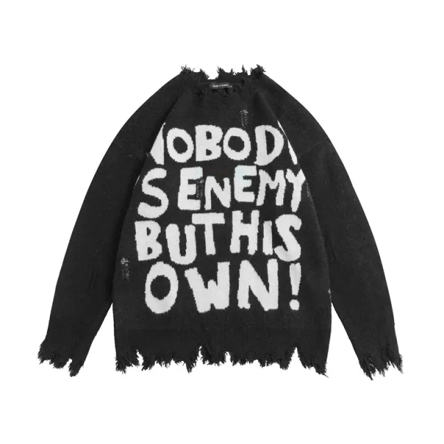 Street Fashion Make Old Ripped Letter Jacquard Burr Knitted Pullover Black - Shop at LoveMi