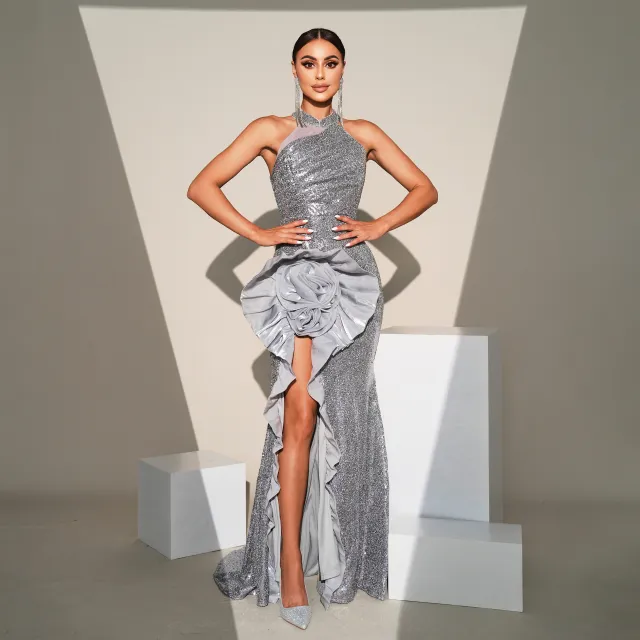 Sleeveless Cold shoulder Banquet Sequined Sheath Dress Gray - Shop at LoveMi