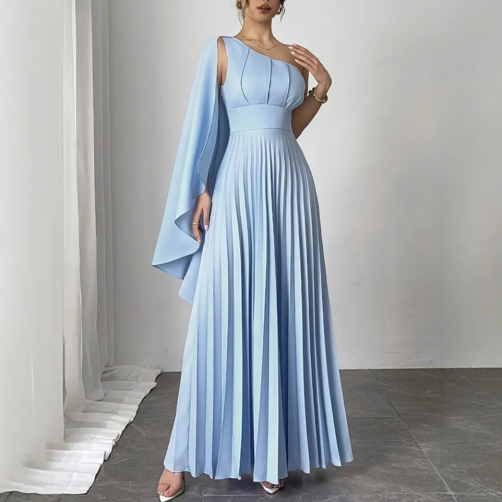 French Fashion New Temperament Single Shoulder Ribbon Waist Pleated Dress - Sky Blue